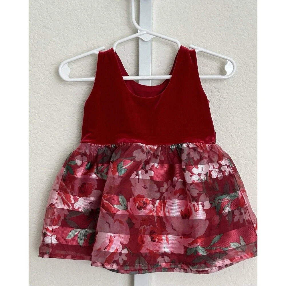 The‎ Childrens Place Red Green Pink Floral Holiday Dress  6-9 M